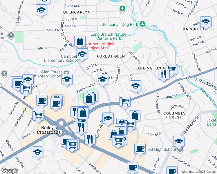 map of restaurants, bars, coffee shops, grocery stores, and more near 5308 8th Road South in Arlington