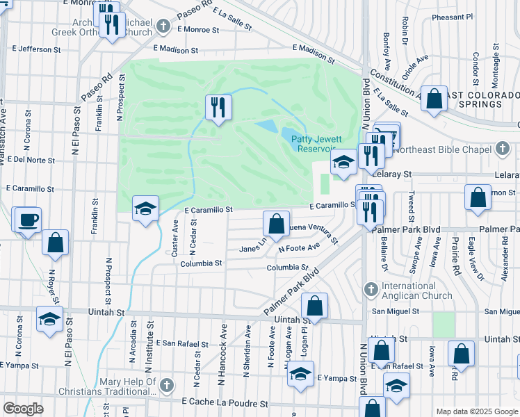 map of restaurants, bars, coffee shops, grocery stores, and more near 1314 East Buena Ventura Street in Colorado Springs