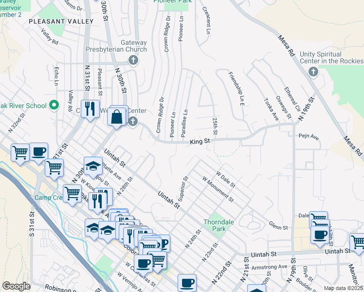 map of restaurants, bars, coffee shops, grocery stores, and more near 632 Tierra Verde Court in Colorado Springs