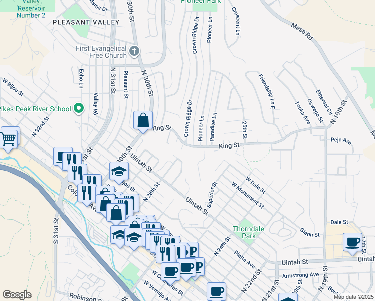 map of restaurants, bars, coffee shops, grocery stores, and more near 415 Wilhelmina Avenue in Colorado Springs