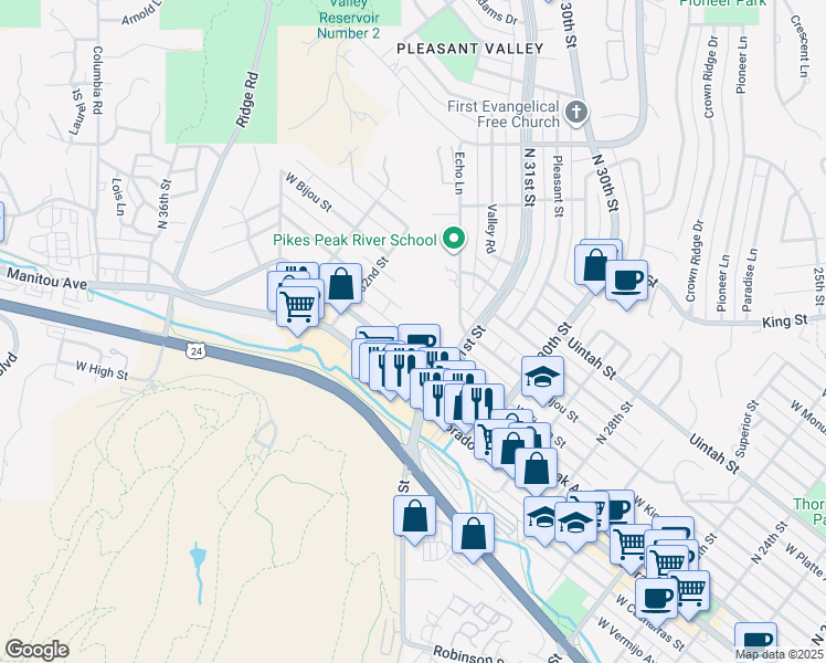 map of restaurants, bars, coffee shops, grocery stores, and more near 3128 West Pikes Peak Avenue in Colorado Springs