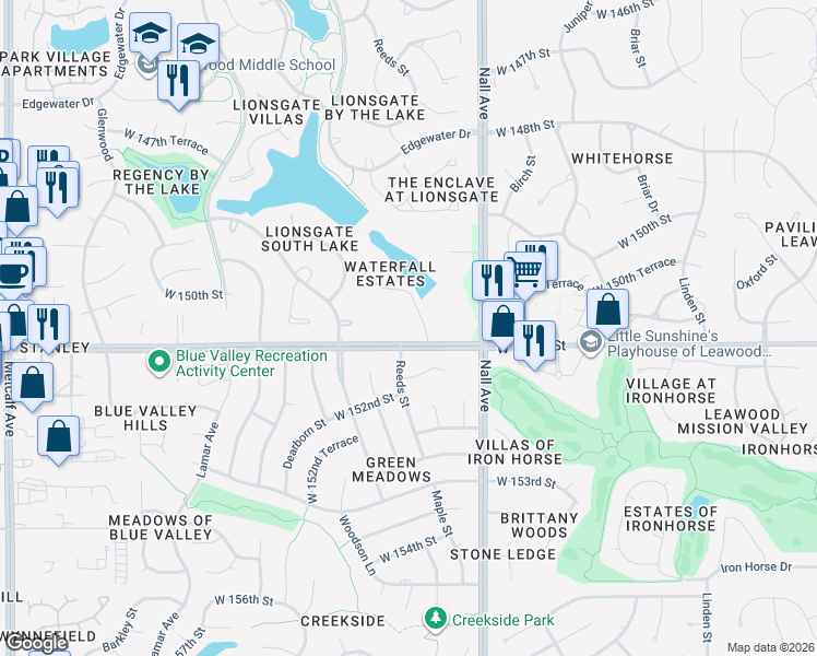 map of restaurants, bars, coffee shops, grocery stores, and more near 5616 West 151st Terrace in Overland Park