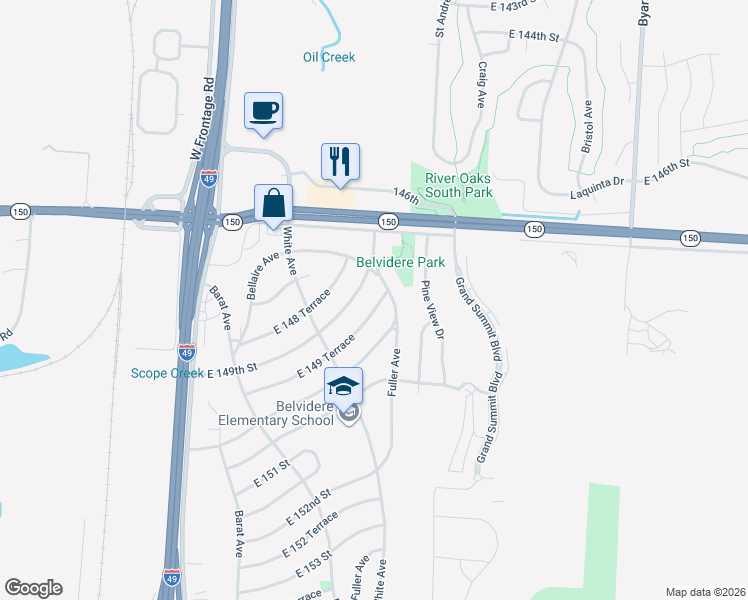 map of restaurants, bars, coffee shops, grocery stores, and more near 6402 East 149 Terrace in Grandview