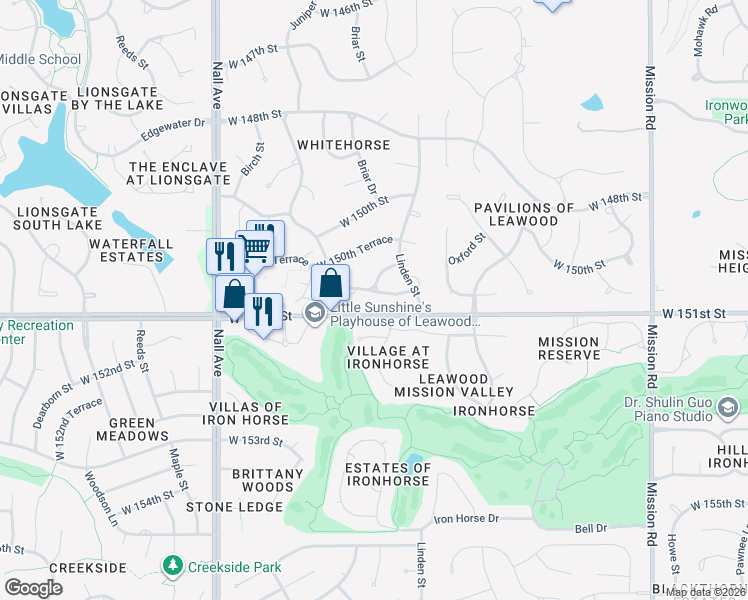 map of restaurants, bars, coffee shops, grocery stores, and more near 4940 West 151st Terrace in Overland Park