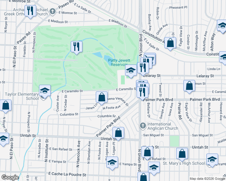 map of restaurants, bars, coffee shops, grocery stores, and more near 1516 East Buena Ventura Street in Colorado Springs
