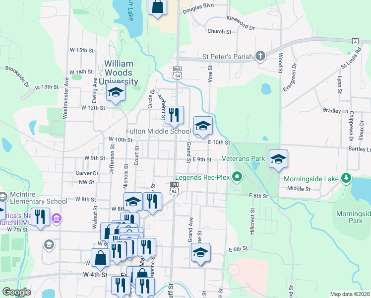 map of restaurants, bars, coffee shops, grocery stores, and more near 300-398 East 9th Street in Fulton