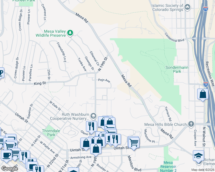 map of restaurants, bars, coffee shops, grocery stores, and more near 1806 Mayan Court in Colorado Springs