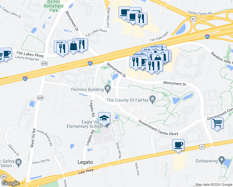 map of restaurants, bars, coffee shops, grocery stores, and more near 12020 Government Center Parkway in Fairfax