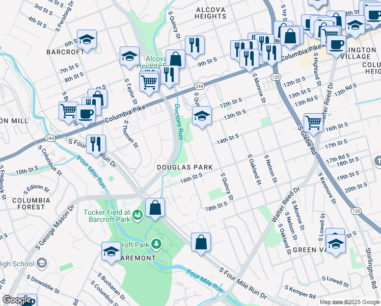map of restaurants, bars, coffee shops, grocery stores, and more near 1402 South Randolph Street in Arlington