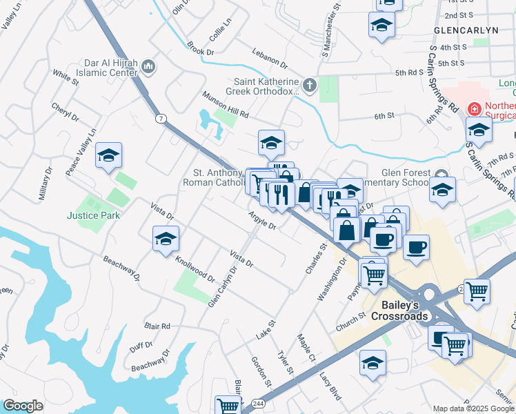 map of restaurants, bars, coffee shops, grocery stores, and more near 6035 Virginia 7 in Bailey's Crossroads