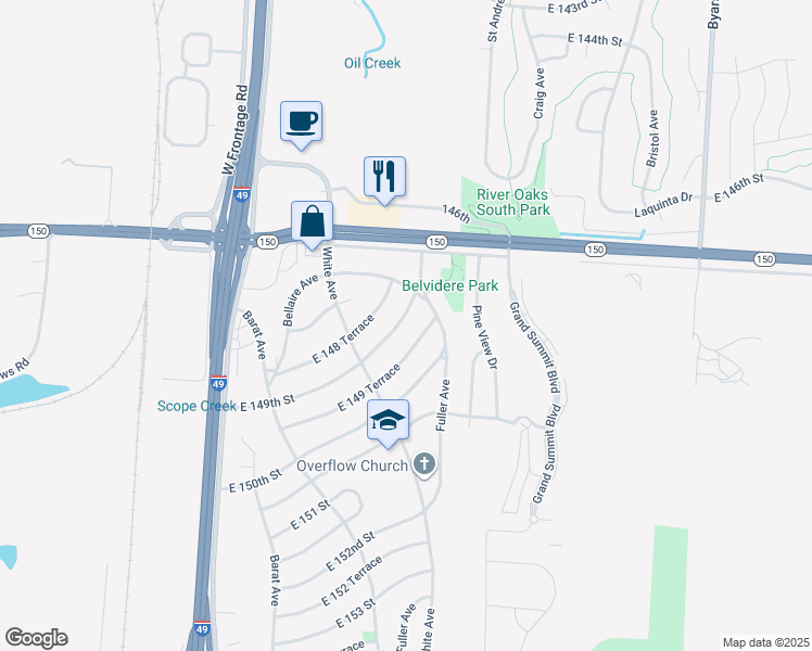 map of restaurants, bars, coffee shops, grocery stores, and more near 6404 East 149th Street in Grandview