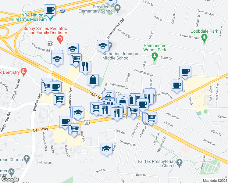 map of restaurants, bars, coffee shops, grocery stores, and more near 3904 Egan Drive in Fairfax
