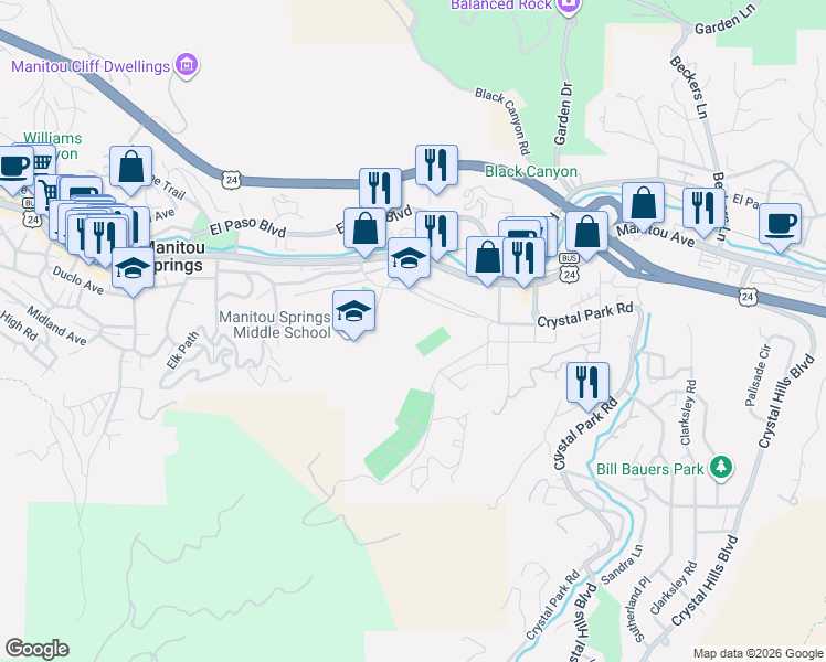 map of restaurants, bars, coffee shops, grocery stores, and more near 405 El Monte Place in Manitou Springs