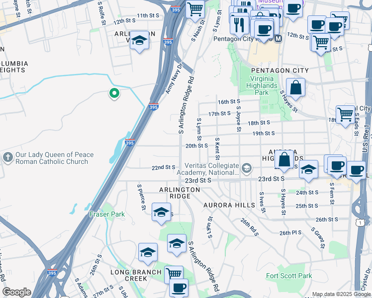 map of restaurants, bars, coffee shops, grocery stores, and more near 2001 South Arlington Ridge Road in Arlington