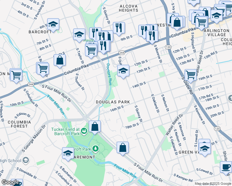 map of restaurants, bars, coffee shops, grocery stores, and more near 1402 South Randolph Street in Arlington