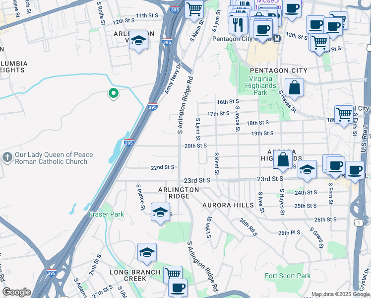 map of restaurants, bars, coffee shops, grocery stores, and more near 2001 South Arlington Ridge Road in Arlington