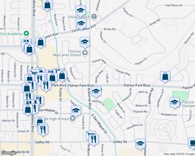 map of restaurants, bars, coffee shops, grocery stores, and more near 1534 McKay Way in Colorado Springs