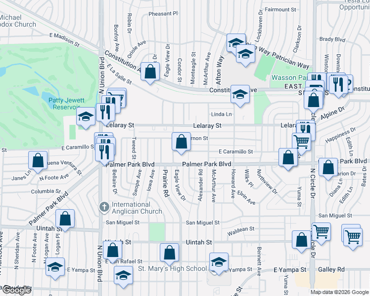 map of restaurants, bars, coffee shops, grocery stores, and more near 2316 Mount Vernon Street in Colorado Springs
