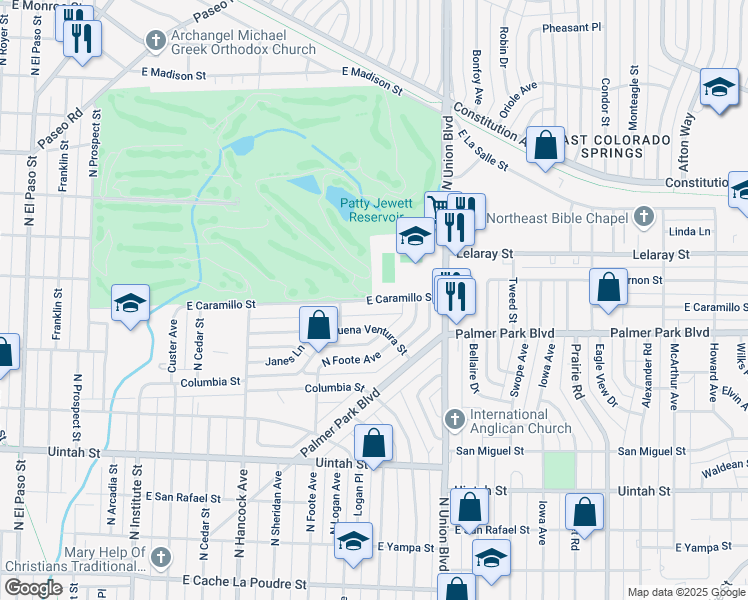 map of restaurants, bars, coffee shops, grocery stores, and more near 1500-1662 East Caramillo Street in Colorado Springs