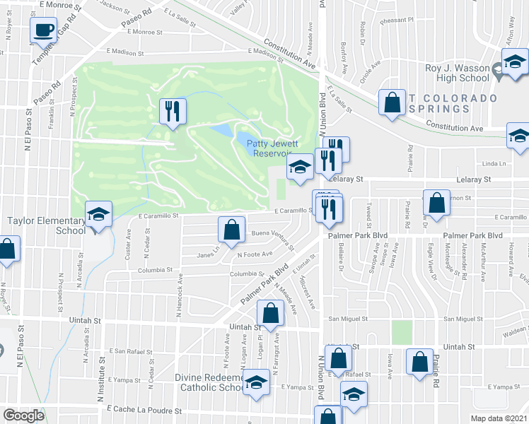 map of restaurants, bars, coffee shops, grocery stores, and more near 1500-1662 East Caramillo Street in Colorado Springs