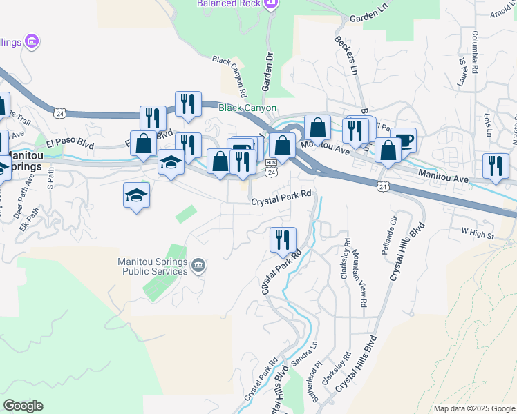 map of restaurants, bars, coffee shops, grocery stores, and more near 55 Crystal Park Road in Manitou Springs