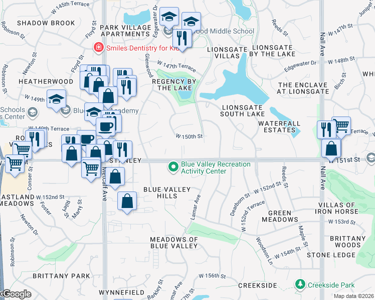 map of restaurants, bars, coffee shops, grocery stores, and more near 6403 West 150th Street in Overland Park