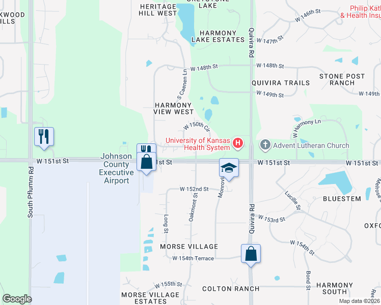 map of restaurants, bars, coffee shops, grocery stores, and more near 12400 West 150th Terrace in Olathe