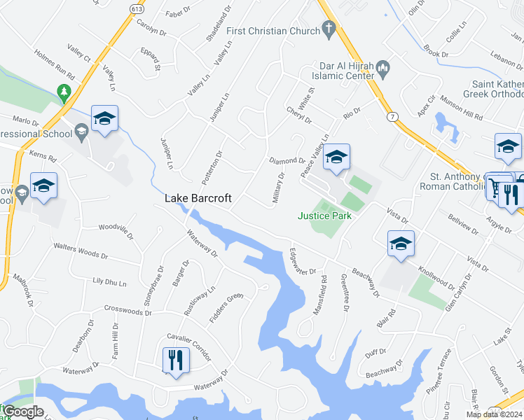 map of restaurants, bars, coffee shops, grocery stores, and more near 3325 Military Drive in Falls Church