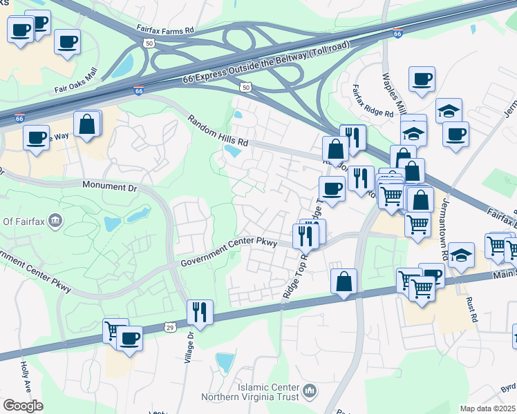 map of restaurants, bars, coffee shops, grocery stores, and more near 4043 Fairfax Center Hunt Trail in Fairfax