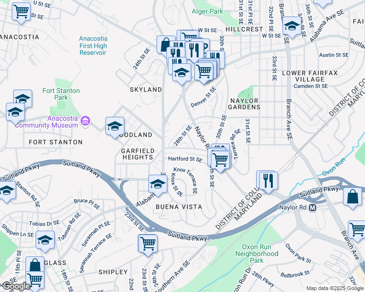 map of restaurants, bars, coffee shops, grocery stores, and more near 2804 Gainesville Street Southeast in Washington