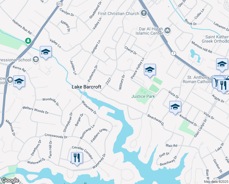 map of restaurants, bars, coffee shops, grocery stores, and more near 3325 Military Drive in Falls Church