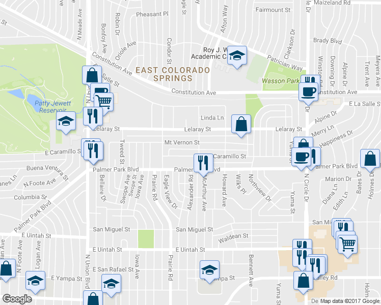 map of restaurants, bars, coffee shops, grocery stores, and more near 2412 E Caramillo St in Colorado Springs