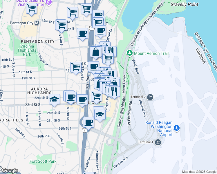 map of restaurants, bars, coffee shops, grocery stores, and more near 2121 Crystal Drive in Arlington