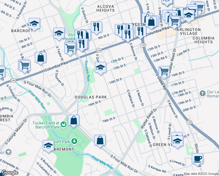 map of restaurants, bars, coffee shops, grocery stores, and more near 1415 South Quincy Street in Arlington