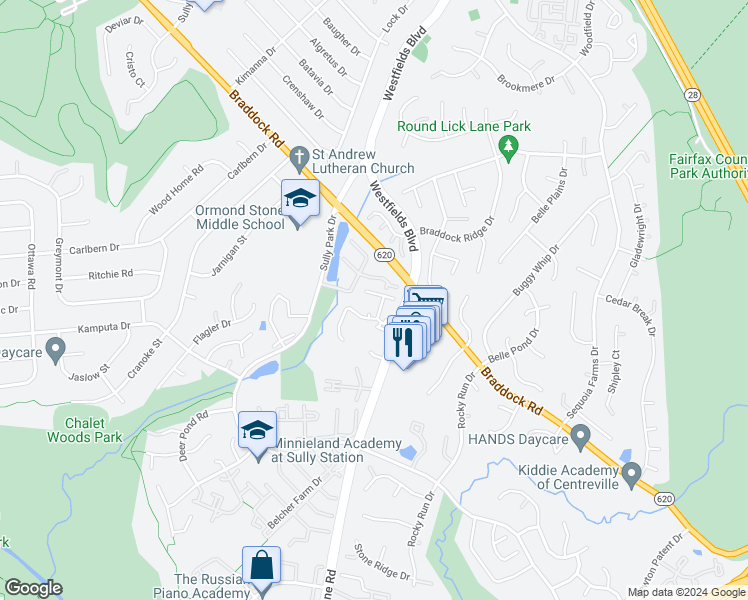 map of restaurants, bars, coffee shops, grocery stores, and more near 14615 Cheverly Court in Centreville