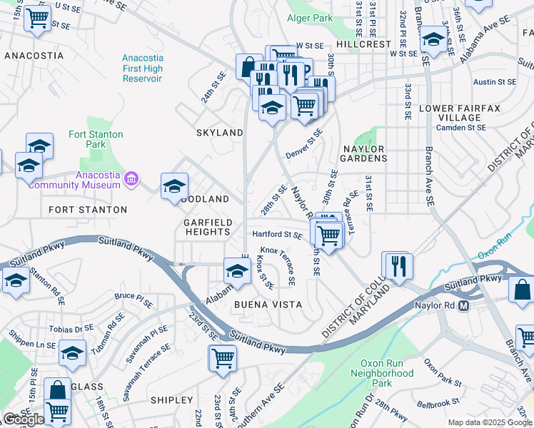map of restaurants, bars, coffee shops, grocery stores, and more near 2826 28th Street Southeast in Washington