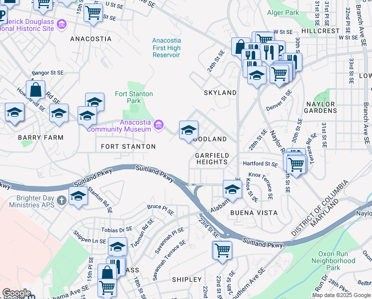 map of restaurants, bars, coffee shops, grocery stores, and more near 2335 Raynolds Place Southeast in Washington