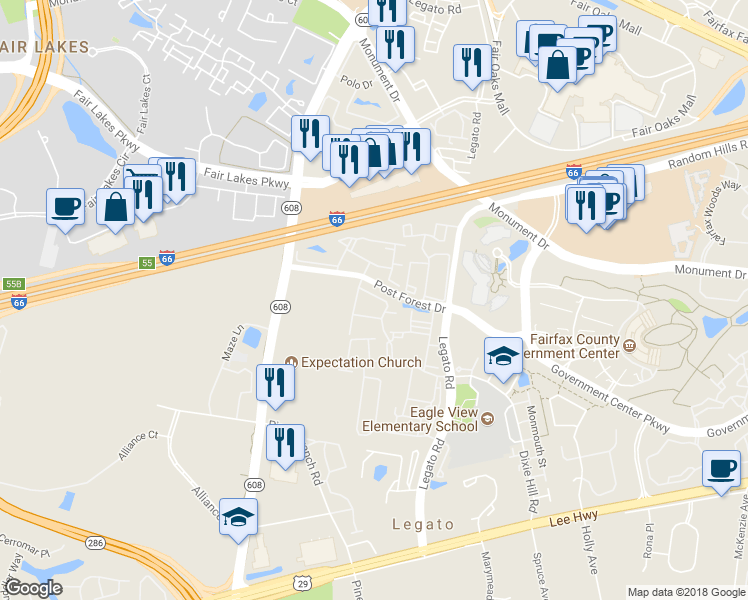 map of restaurants, bars, coffee shops, grocery stores, and more near 12247 Water Elm Lane in Fairfax