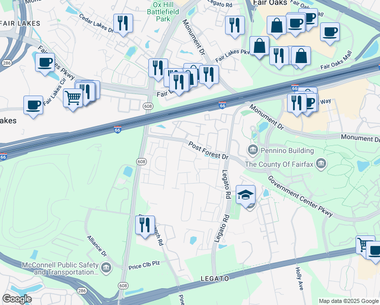 map of restaurants, bars, coffee shops, grocery stores, and more near 12247 Water Elm Lane in Fairfax