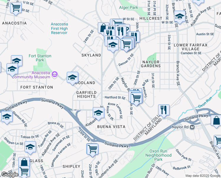map of restaurants, bars, coffee shops, grocery stores, and more near 2826 28th Street Southeast in Washington