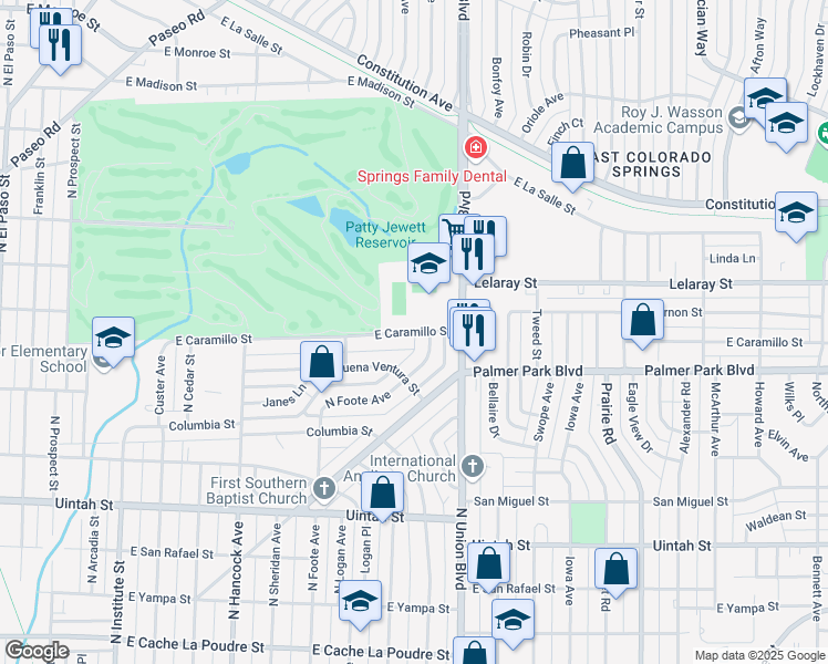 map of restaurants, bars, coffee shops, grocery stores, and more near 1662 East Caramillo Street in Colorado Springs