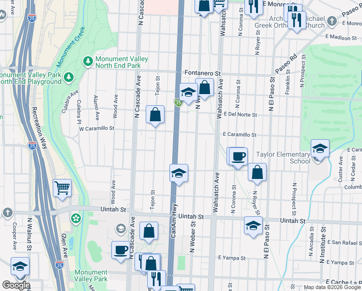 map of restaurants, bars, coffee shops, grocery stores, and more near 1527 North Nevada Avenue in Colorado Springs