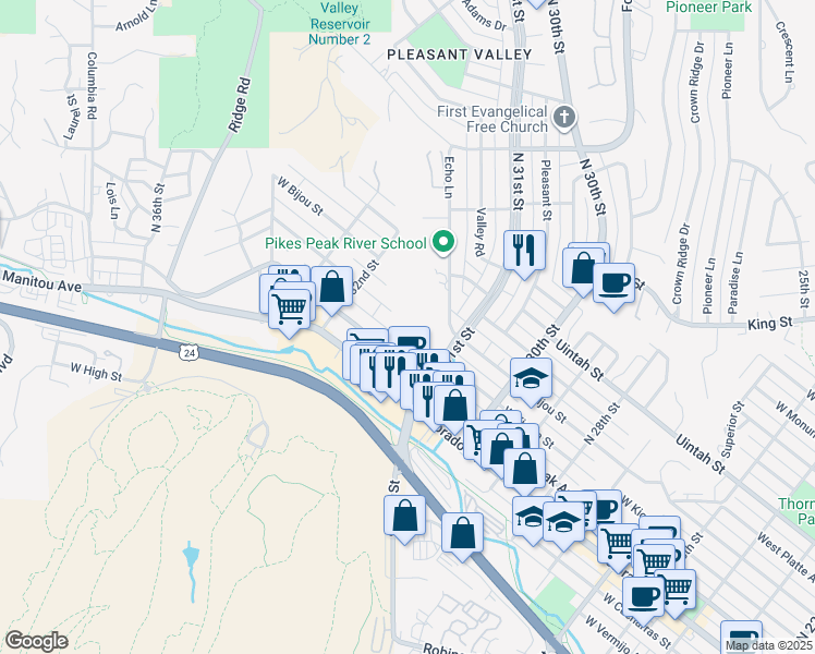 map of restaurants, bars, coffee shops, grocery stores, and more near 3150 West Kiowa Street in Colorado Springs