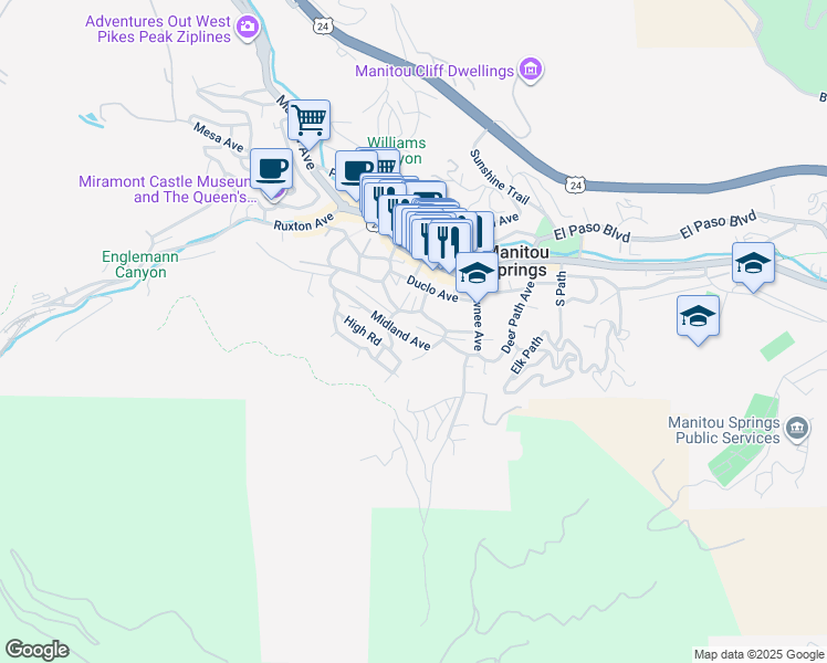 map of restaurants, bars, coffee shops, grocery stores, and more near 202 Roca Street in Manitou Springs