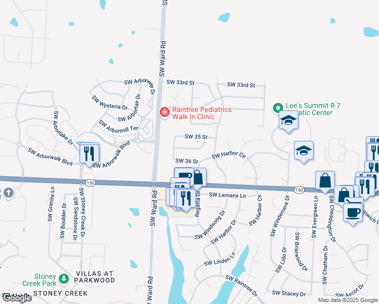 map of restaurants, bars, coffee shops, grocery stores, and more near 822 Southwest 35th Terrace in Lee's Summit