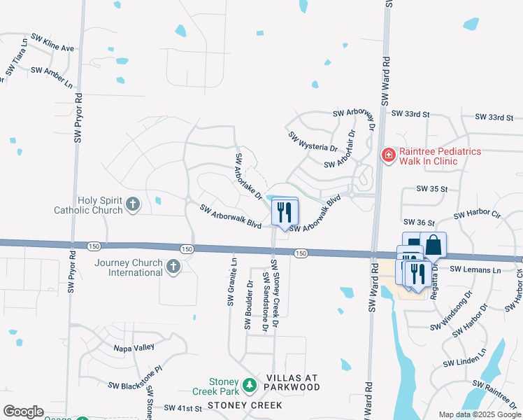 map of restaurants, bars, coffee shops, grocery stores, and more near 1305 Southwest Arborlake Drive in Lee's Summit
