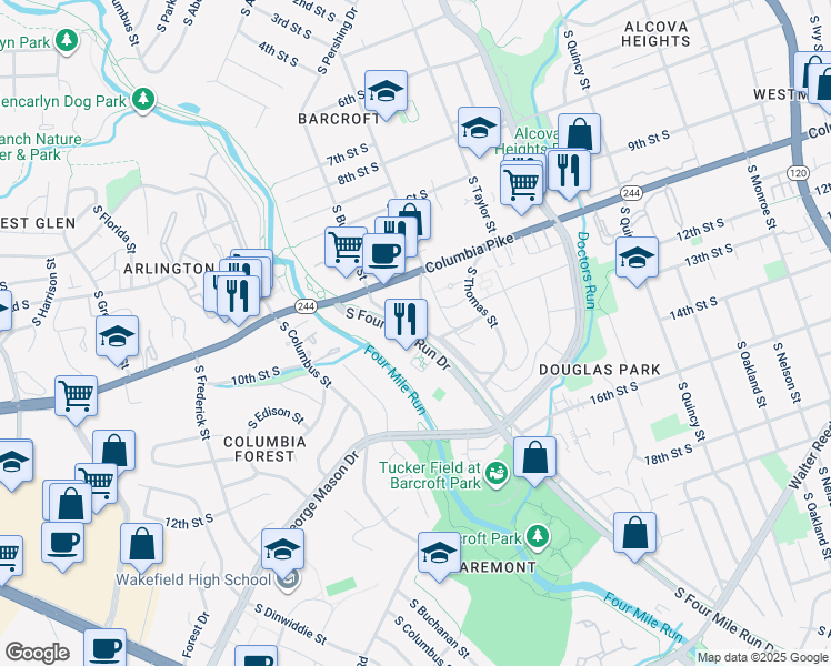 map of restaurants, bars, coffee shops, grocery stores, and more near Washington and Old Dominion Railroad Trail in Arlington