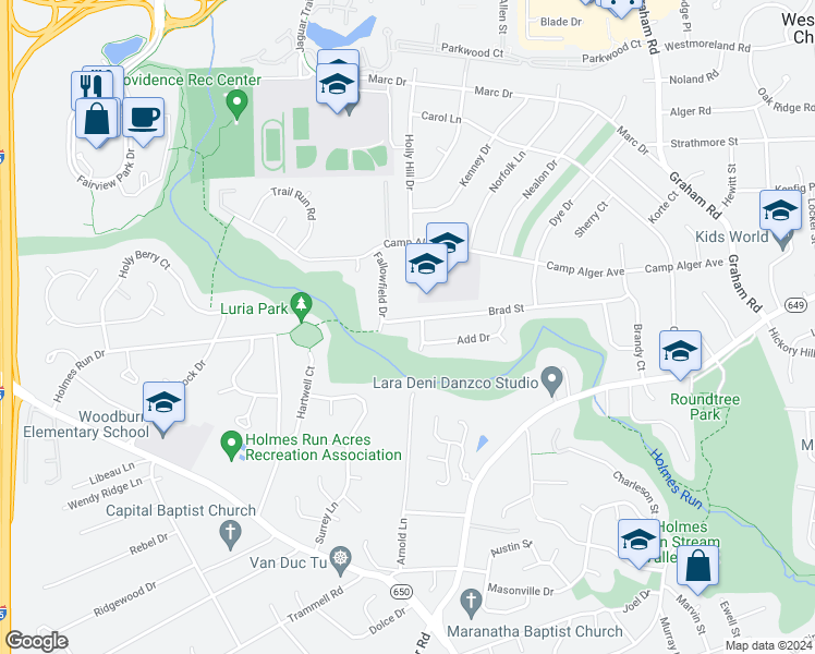 map of restaurants, bars, coffee shops, grocery stores, and more near 7503 Brad Street in Falls Church
