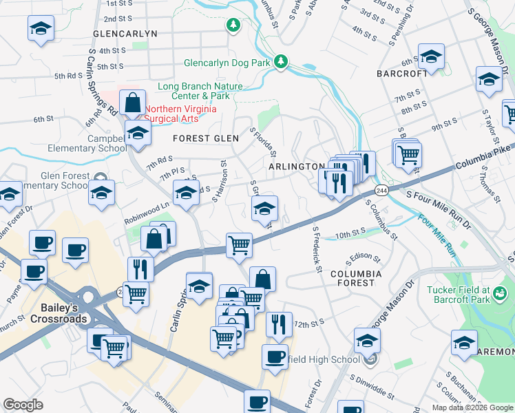 map of restaurants, bars, coffee shops, grocery stores, and more near 850 South Greenbrier Street in Arlington