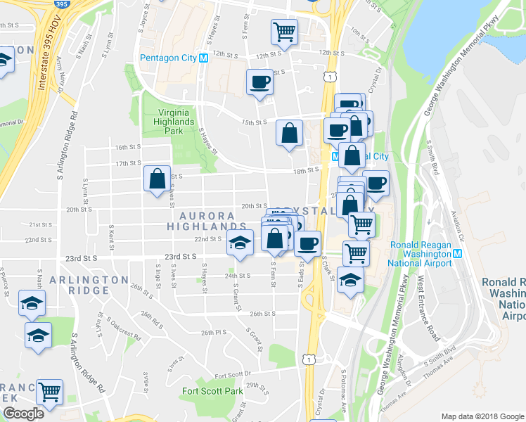 map of restaurants, bars, coffee shops, grocery stores, and more near 606 20th Street South in Arlington